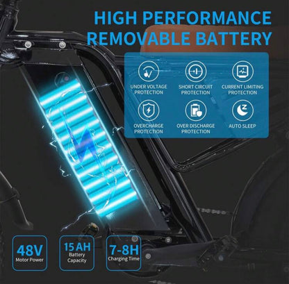 20-Inch Wide-Tire Electric Bicycle, 48V 750W Motor, 7-Speed Shimano Gearbox, 48V 13Ah Battery, 48V 2A Adapter, Top Speed 35MPH , Dual Suspension.