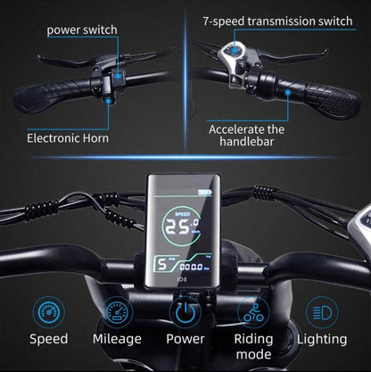 20-Inch Wide-Tire Electric Bicycle, 48V 750W Motor, 7-Speed Shimano Gearbox, 48V 13Ah Battery, 48V 2A Adapter, Top Speed 35MPH , Dual Suspension.