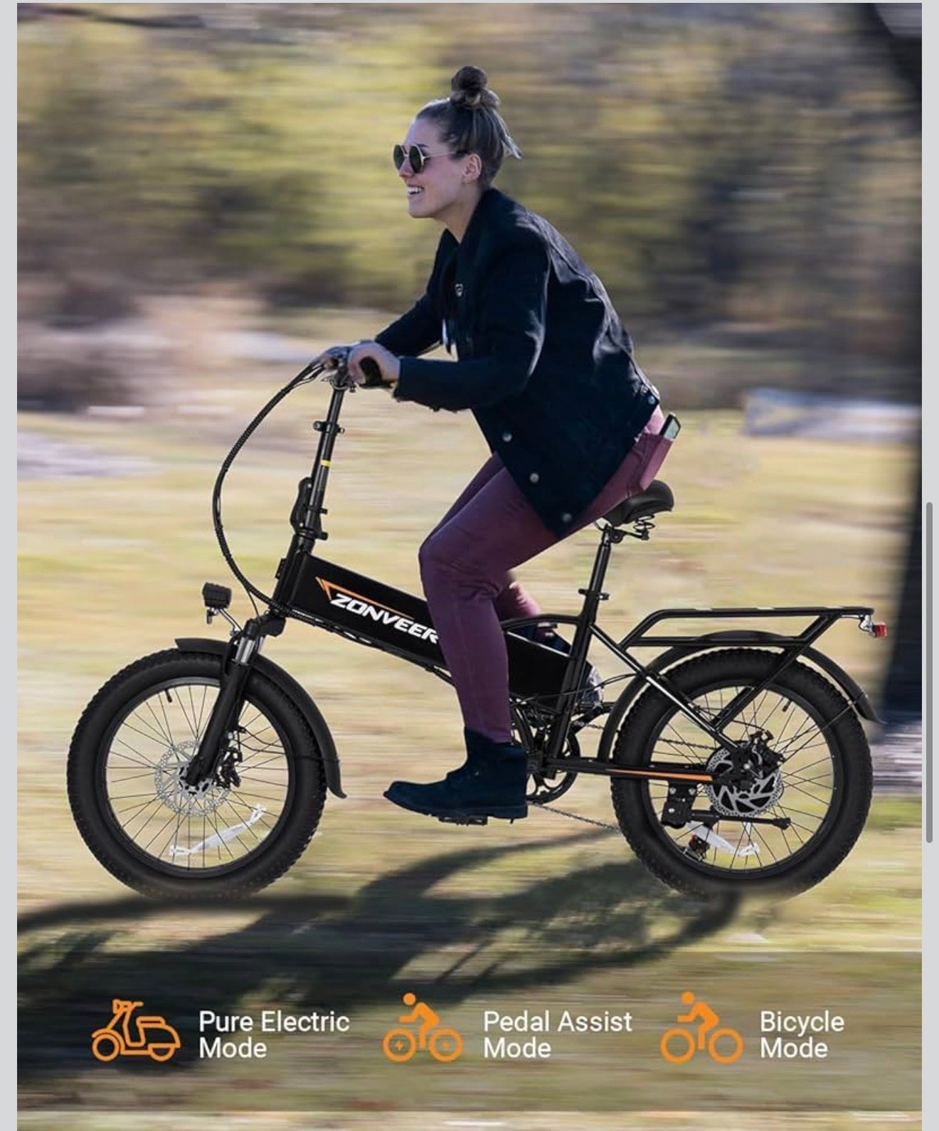 Zonveer Folding Electric Bike for Adults - 7-Speed Mountain Ebike with Peak 1200W 28MPH Brushless Motor, 48V10Ah Removable Battery