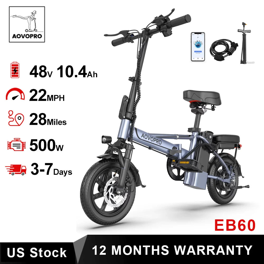 AOVOPRO 14'' EB60 Foldable Electric Bike 500W 48V 10.4AH Battery 22MPH Max Speed 28Miles Long Range with Two Seats for Adult
