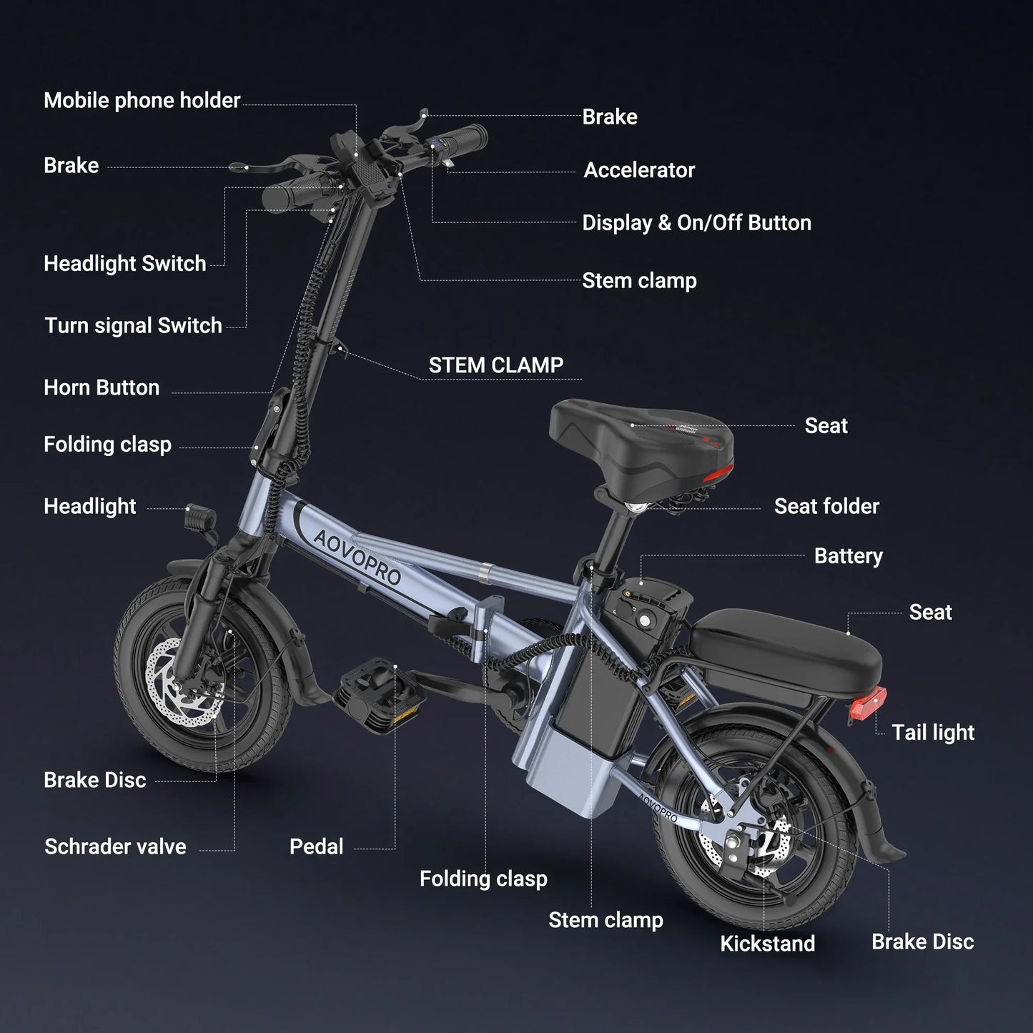 AOVOPRO 14'' EB60 Foldable Electric Bike 500W 48V 10.4AH Battery 22MPH Max Speed 28Miles Long Range with Two Seats for Adult