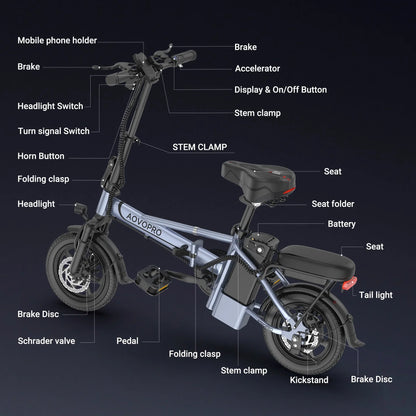 AOVOPRO 14'' EB60 Foldable Electric Bike 500W 48V 10.4AH Battery 22MPH Max Speed 28Miles Long Range with Two Seats for Adult